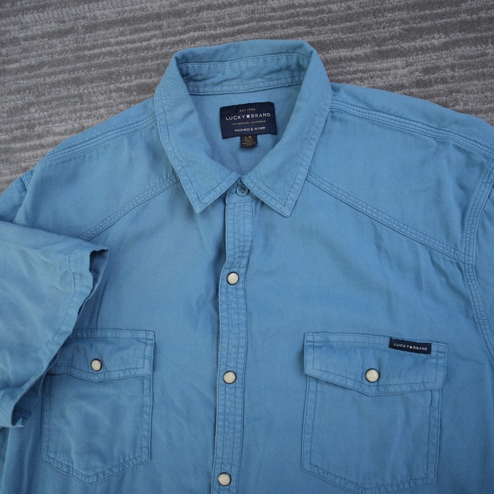 Lucky Brand Shirt Men Button Up Pearl Snap Short Sleeve 2 Pockets Blue Western L